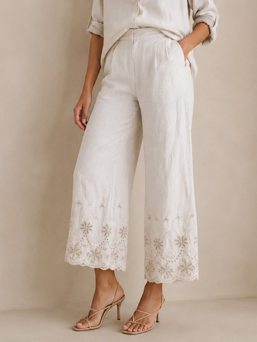 Tahari Ivory Linen Blend Embroidered Cropped Pants Size S